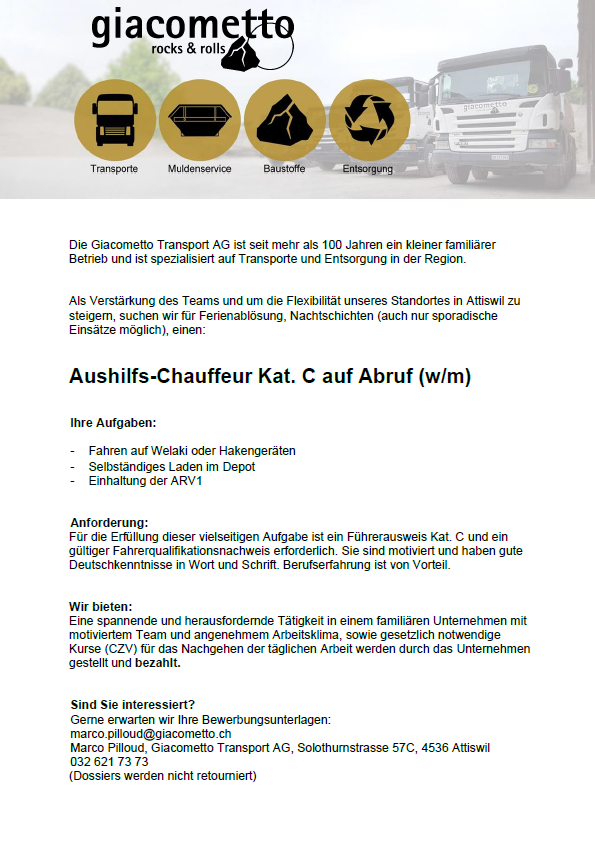 Inserat Aushilfs Chauffeur