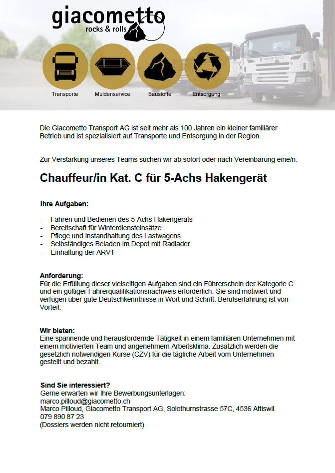 Inserat 5 Achs Hakengerät 2025. Offene Stelle Chauffeur
